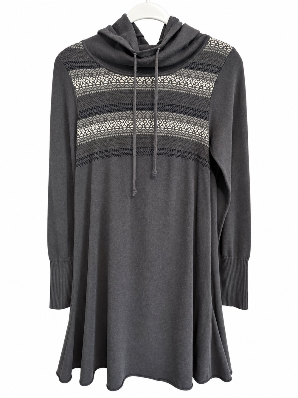 prAna Women’s Gray Fair Isle Cowl Neck Hooded Tunic Sweater Size M